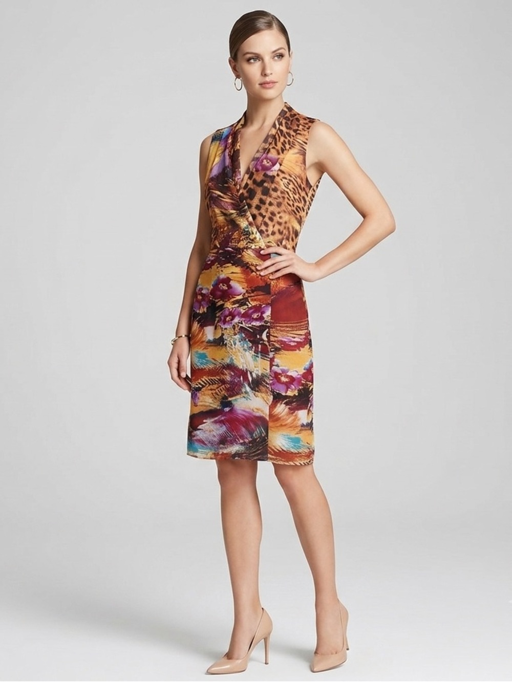 Antonio Melani Mixed Media Leopard Floral Sleeveless Wrap Sheath Dress - Size 6